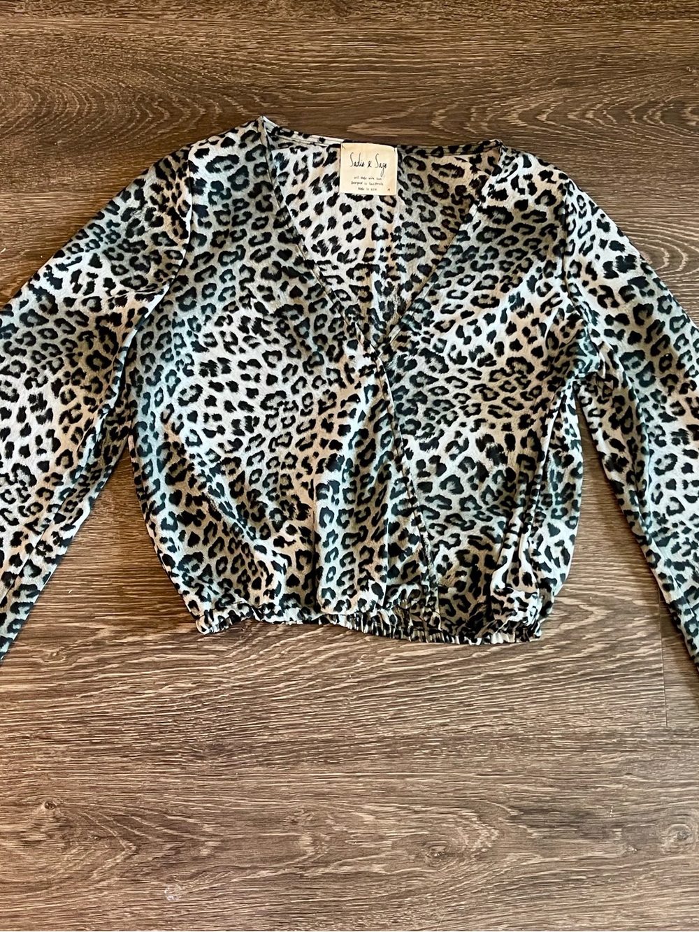 Sadie & Sage Leopard Print Long Sleeve V-Neck Crop Top - Black, Cream, Brown